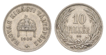 Венгрия 10 филлеров 1908 KB, Франц Иосиф (1848-1916) KM 482 никель 4651-1035