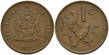 ЮАР 1 цент 1971 герб, капские воробьи KM 82 бронза 4136-455