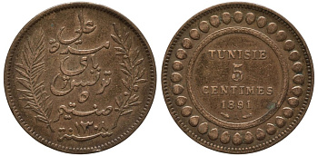Тунис 5 сантимов 1891 AH 1308, Али III ибн аль-Хусейн KM 221 бронза 190-614