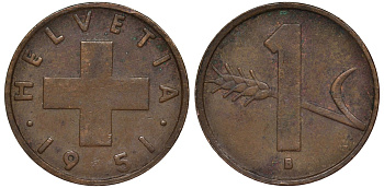 Швейцария 1 раппен 1951 в KM 46 бронза 4124-526