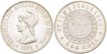 Бразилия 500 рейс 1889 Республика (1889-1942) KM 494 серебро 4529-625