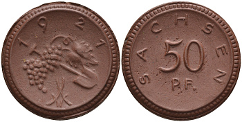 Саксония 50 пфеннигов 1921 виноград и лопата J. N 54 фарфор 1094-5-85