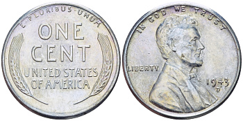 США 1 цент 1943 S (Сан-Франциско), Авраам Линкольн KM 132 a сталь плакированная цинком 39-137