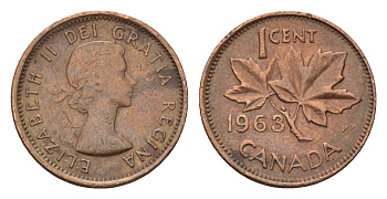 Канада 1 цент 1963 Елизавета II (1952-2022), кленовый лист KM 49 бронза 4181-1165
