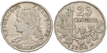 Франция 25 сантимов 1904 KM 856 никель 4616-457