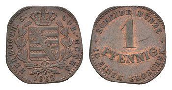 Саксен-Кобург-Гота 1 пфенниг 1868 B, Эрнст II (1844-1893) KM 143 медь 4625-1019