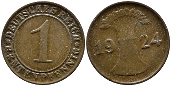 Германия 1 рентенпфенниг 1924 D KM 30, J. 306 бронза 4387-1119