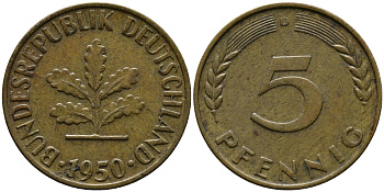 ФРГ 5 ПФЕННИГОВ 1950 D KM 108, J.383 сталь плакированная латунью 33-211