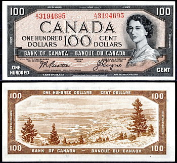 Канада 100 долларов 1954 королева Елизавета II (1952-2022), Озеро Оканаган (Британская Колумбия) Pick 82 a бумага 451-408-2