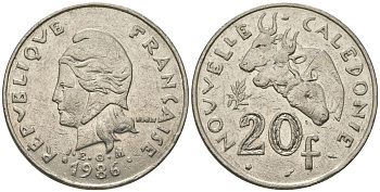 Французская Новая Каледония 20 франков 1986 три быка, (IEOM) KM 12, Schoen 14, Lec 112 никель 4680-944