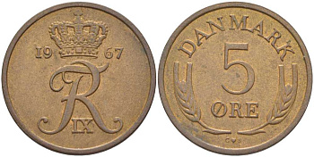 ДАНИЯ 5 ЭРЕ 1967 C; S, ФРЕДЕРИК IX (1947-1972) KM 848.1 бронза 67-754