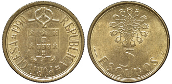 Португалия 5 эскудо 1990 KM 632 никель латунь 4142-1124