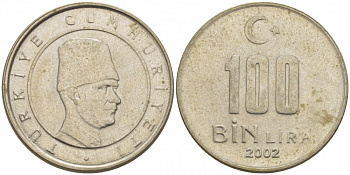 Турция 100000 лир 2002 Мустафа Кемаль Ататюрк KM 1106 медь никель цинк 3309-1121