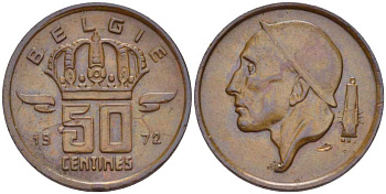 Бельгия 50 сантимов 1972 Belgie, Бодуэн I (1951-1993) KM 149.1 бронза 214-215