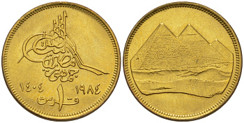 ЕГИПЕТ 1 ПИАСТР 1984 ГОД 1404, ХРИСТИАНСКАЯ ДАТА СПРАВА, ПИРАМИДЫ KM 553.2 алюминиевая бронза UNC 66-837