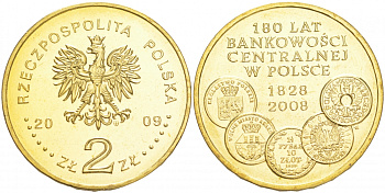 Польша 2 злотых 2009 MW, 180 лет центральному банку Польши KM 675 латунь UNC M19-10