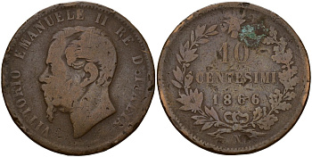 Италия 10 чентезимо 1866 N, Виктор Эммануил II (1861-1878) KM 11.1 медь 4149-1211