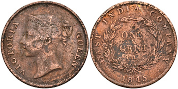 Стрейтс-Сетлментс 1 цент 1845 Виктория (1837-1901), Ост-Индская компания KM 3 медь 4590-142