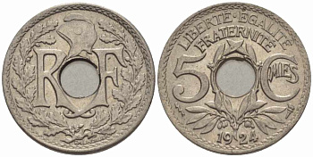 ФРАНЦИЯ 5 САНТИМОВ 1924 tb, ТИП ЛИНДАЙЁ, МОНЕТНЫЙ ДВОР ПУАССИ, МОЛНИЯ KM 875, LE FRANC 122.9 медно-никель 4379-543