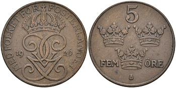 Швеция 5 эре 1926 Густав V (1907-1950) KM 779.2 бронза 4557-614