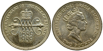 Великобритания 2 фунта 1989 Елизавета II (1952-2022), 300 лет "Биллю о правах" Англии KM 960, Spink 4312 (K2) никель латунь 4179-1141