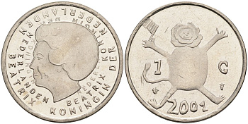 Нидерланды 1 гульден 2001 прощай гульден, детский рисунок, лев с флагом в руках KM 233 никель UNC 4116-121