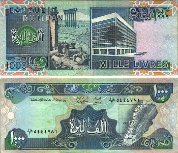 ЛИВАН 1000 ЛИВРОВ 1988 ЛИВАН НА КАРТЕ, ДРЕВНИЕ РУИНЫ И СОВРЕМЕННОЕ ЗДАНИЕ Pick 69а бумага VF 6289-59-3-2