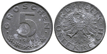 АВСТРИЯ 5 ГРОШЕЙ 1968 KM 2875 цинк 57-554