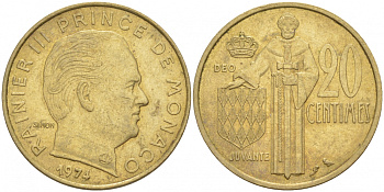 Монако 20 сантимов 1974 Ренье III (1949-2005) KM 143 алюминиевая бронза 73-317
