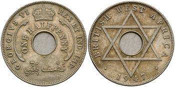 Британская Западная Африка 1/2 пенни 1947 H, Георг VI KM 18 медно-никель 25-1056