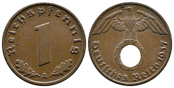 Германия 1 рейхспфенниг 1937 A KM 89, J. 361 бронза    220-219