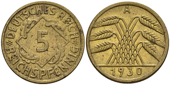 Германия 5 рейхспфеннигов 1930 A KM 39, J. 316 алюминиевая бронза 4151-729
