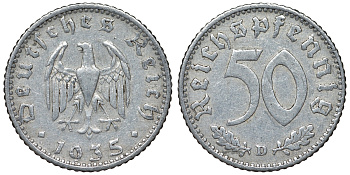 Германия 50 рейхспфеннигов 1935 D KM 87, J. 368 алюминий 4121-1111