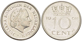 НИДЕРЛАНДЫ 10 ЦЕНТОВ 1968 ЮЛИАНА (1948-1980) KM 182 никель 214-1234