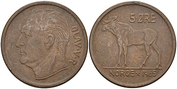 Норвегия 5 эре 1965 ЛОСЬ KM 405 бронза 4572-911