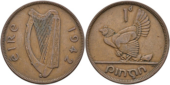 Ирландия 1 пенни 1942 курица с цыплятами KM 11 бронза 4137-713