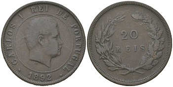 Португалия 20 реалов 1892 Карлуш I (1889-1908) KM 533 бронза 4512-944