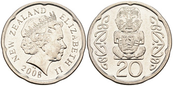 Новая Зеландия 20 центов 2008 Елизавета II (1952-2022), идол Пукаки KM 118а никелированная сталь 4579-1217