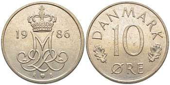 Дания 10 эре 1986 R; B, Маргрете  II (1972-2024) KM 860.3 медно-никель 116-258