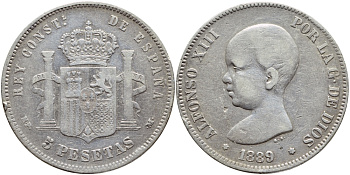 Испания 5 песет 1889 (89) MP-M, Альфонсо XIII (1886-1931) KM 689 серебро    00-1067-1-12