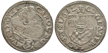 Силезия, Мюнстерберг, Олесница грошен (3 крейцера) 1612 Карл II серебро 413-924