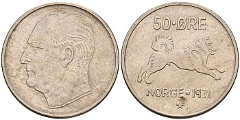 Норвегия 50 эре 1971 Улаф V (1957-1991), собака KM 408 медно-никель 4582-722