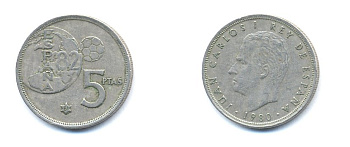 Испания 5 песет 1980 (81) чемпионат мира по футболу в Испании 1982 года, Хуан Карлос I (1975-) KM 817 медно-никель 54-1825