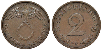 Германия 2 рейхспфеннига 1938 F KM 38, J. 362 алюминиевая бронза 4121-631