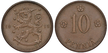 Финляндия 10 пенни 1919 KM 24 медь 45-1249