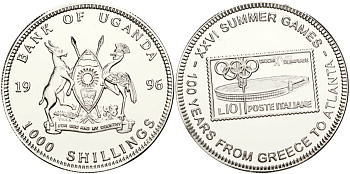 Уганда 1000 шиллингов 1996 100 лет Олимпийским играм - Рим 1960 UC 101 медно-никель PROOF 00-00