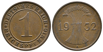 ГЕРМАНИЯ 1 РЕЙХСПФЕННИГ 1932 A KM 37, J. 313 бронза 4380-1226