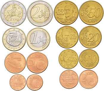 Греция евронабор из 8 монет 2003 (1, 2, 5, 10, 20, 50 евроцентов, 1, 2 евро) KM 181, 182, 183, 211, 185, 186, 214, 188 UNC N6-45