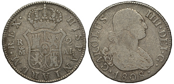 Испания 2 реала 1808 M AL, мондвор (Мадрид), Карлос IIII (1788-1808) KM 430.1 ( C69.1) серебро 650-835