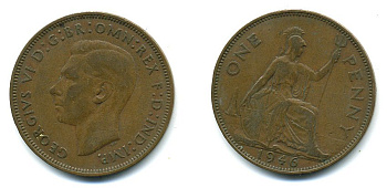 Великобритания 1 пенни 1946 Георг VI (1936-1952) KM 845, Spink 4114 бронза 4110-324